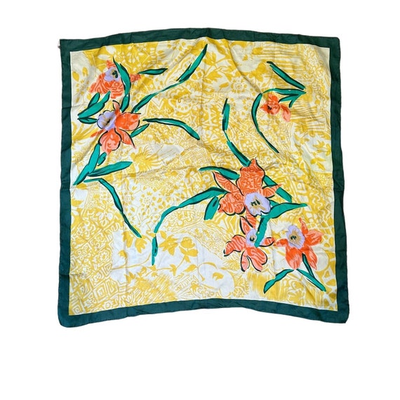 Vintage Silk Scarf Yellow Green Orange Floral Iri… - image 2