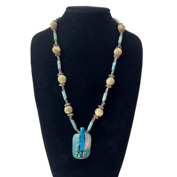Artisan Made Beaded Necklace Fused Glass Pendant Turquoise Green Clay Beads  23