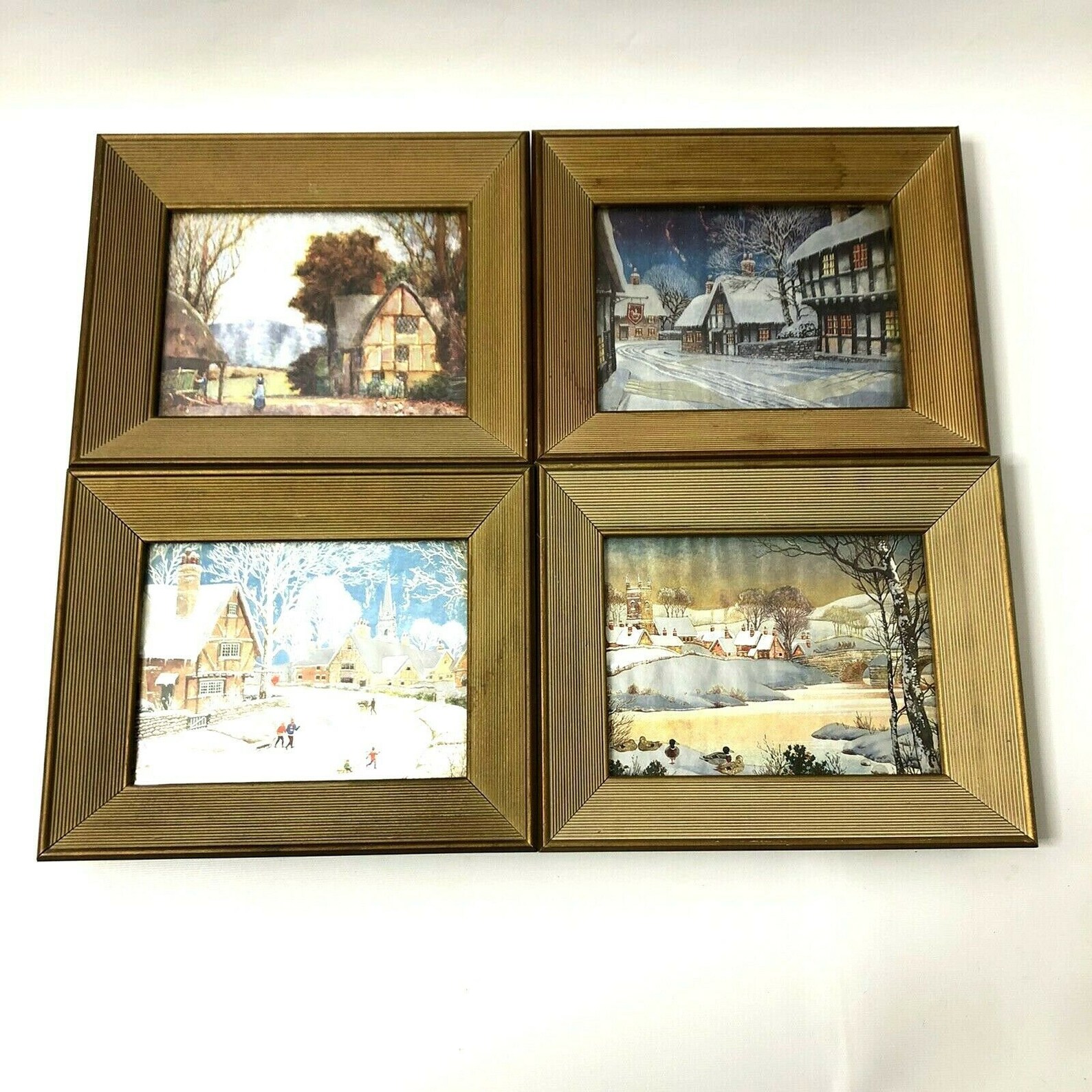 Set of 4 Vintage Foil Art Prints Fall Winter Village Scenes Etsy