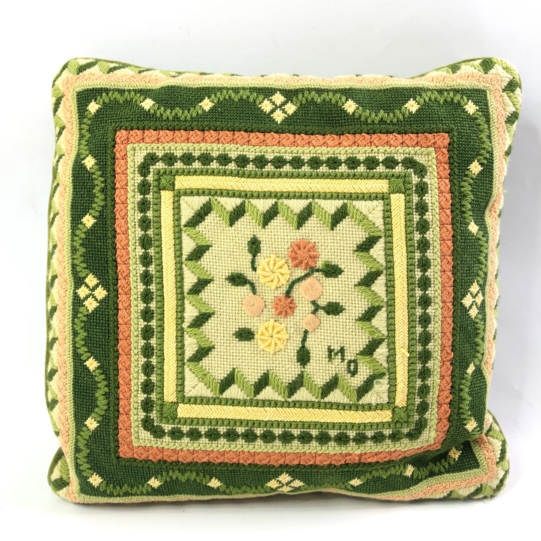 Vintage Needlepoint Pillow Floral Square Green Mauve Yellow 14x14 Etsy