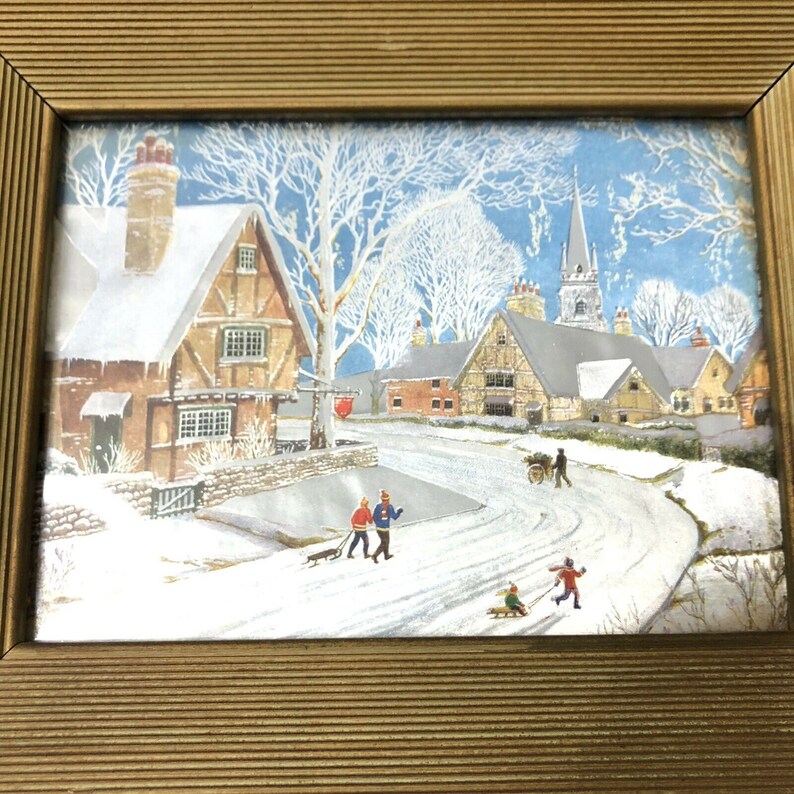 Set of 4 Vintage Foil Art Prints Fall Winter Village Scenes Etsy