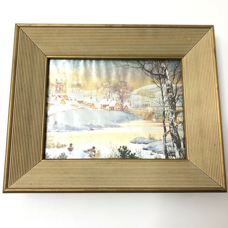 Set of 4 Vintage Foil Art Prints Fall Winter Village Scenes Etsy