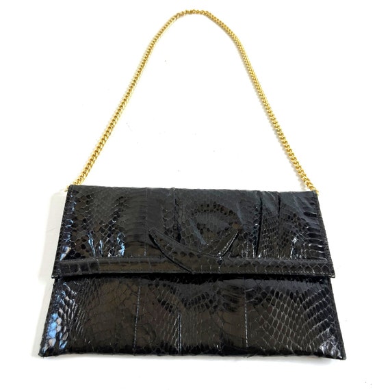 Vintage Black Snakeskin Gold Chain Purse Clutch Should Hand Bag 