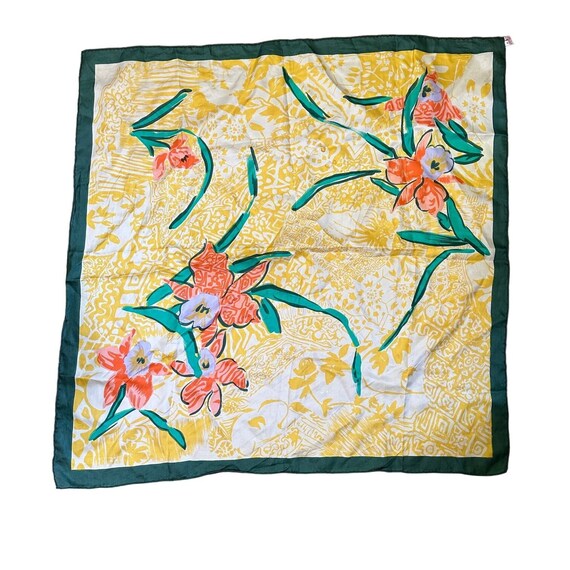 Vintage Silk Scarf Yellow Green Orange Floral Iri… - image 1