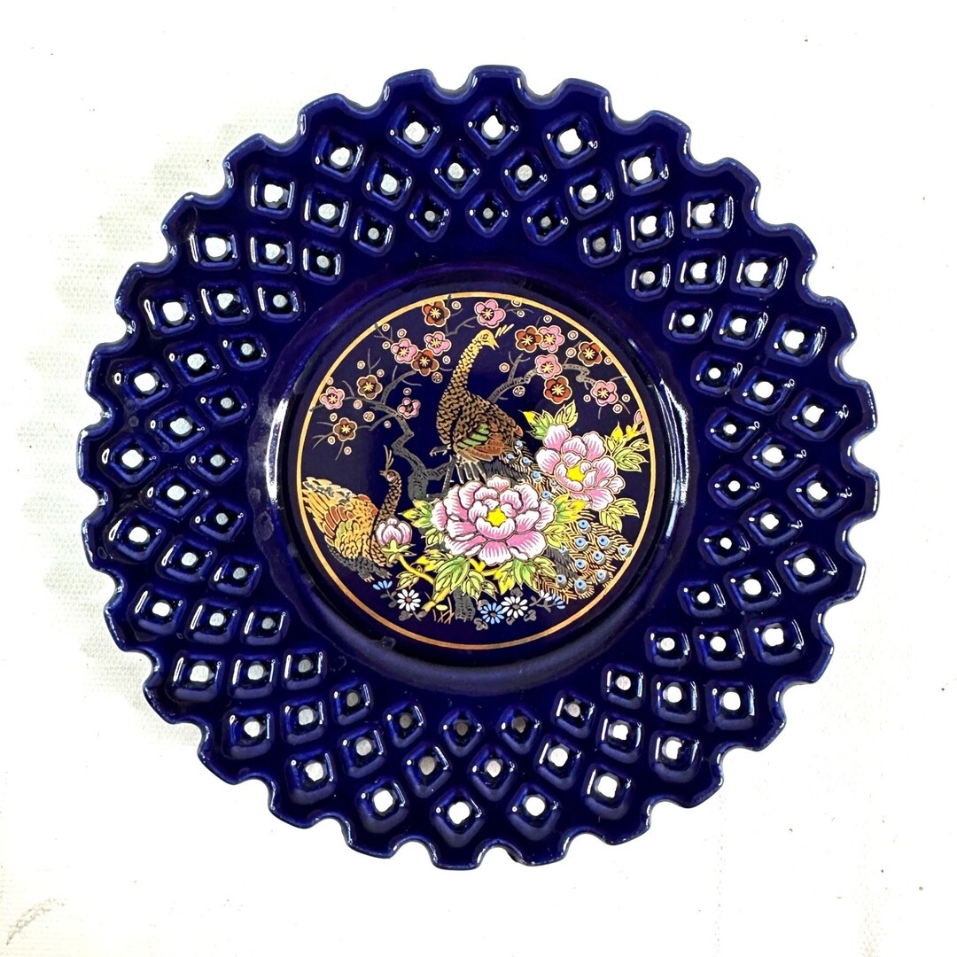 Japanese Decorative Porcelain Plate Reticulated Gold Cobalt Etsy