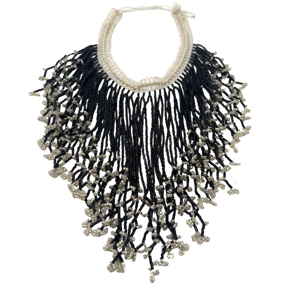 Beaded Cascading Choker Collar Necklace White Bla… - image 1