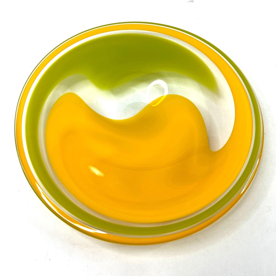 Vintage Beranek Glass Console Bowl Large Round Yellow Green Etsy