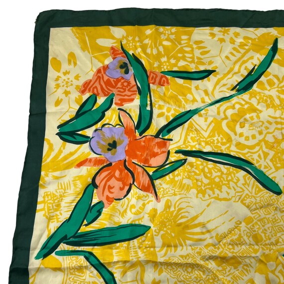 Vintage Silk Scarf Yellow Green Orange Floral Iri… - image 3