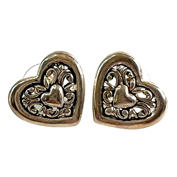 Antiqued Silver Tone Heart Earrings Pierced .75" … - image 1