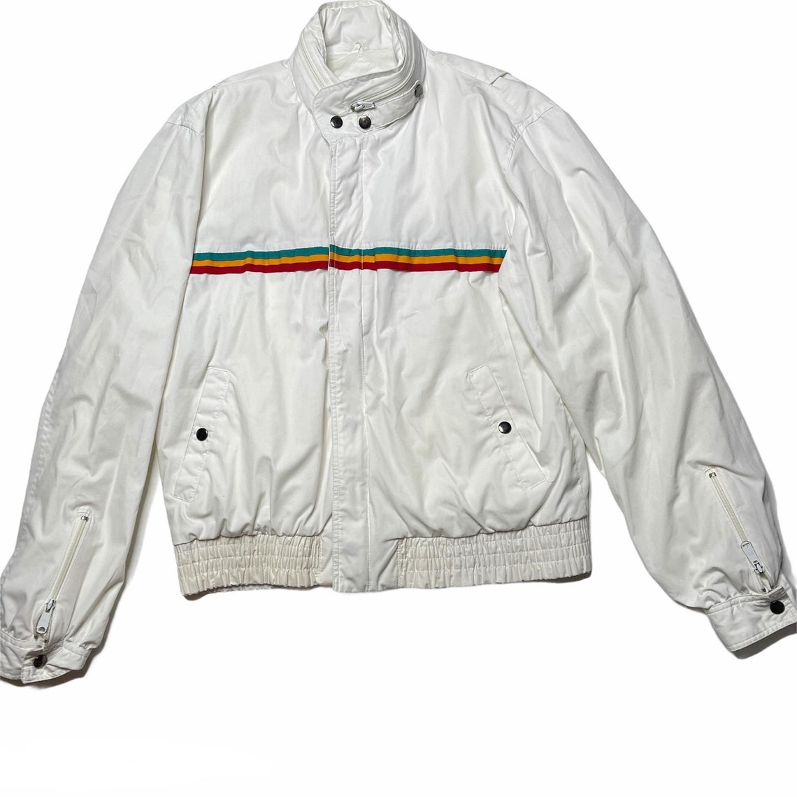 Vintage White Windbreaker Jacket Hidden Hood 3 Stripe Large Etsy