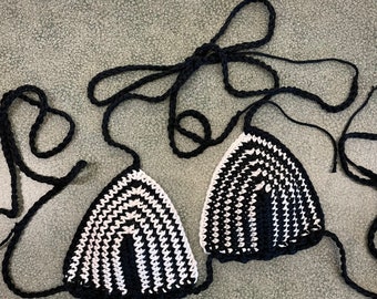 Black and White Stripe Glow in the Dark - Crochet String Bikini Top