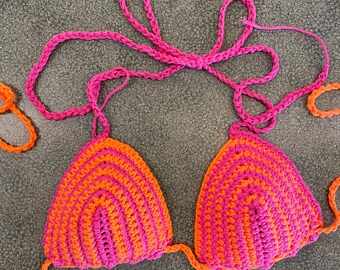 100% Cotton Orange & Pink Crochet String Bikini Top