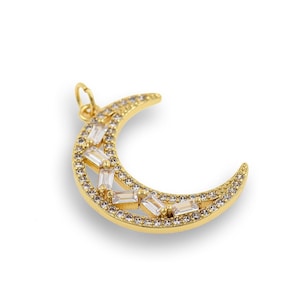 18k Gold Filled Moon Pendant,Micro Pave CZ Stone Half Moon Charm for DIY Jewelry Making Supplies 20x26.5mm