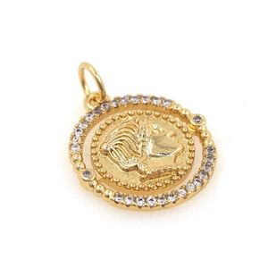 18K Gold Filled Round Necklace, Coin Pendant, Micropavé CZ Portrait Pendant, DIY Jewelry Supplies, 21x16x2mm