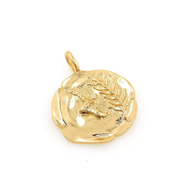 18K Gold Filled Round Winged Foot Pendant, Flying Charm, Foot Pendant, Wheat Charm, Plant Pendant, DIY Jewelry Supplies, 31.5x24x2.5mm