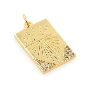 Micropavé CZ Rectangle Sunrise Pendant, 18K Gold Filled Sunrise Necklace, Sunshine Charm, Sun Pendant, DIY Jewelry Supplies, 25.5x15.5x1.5mm