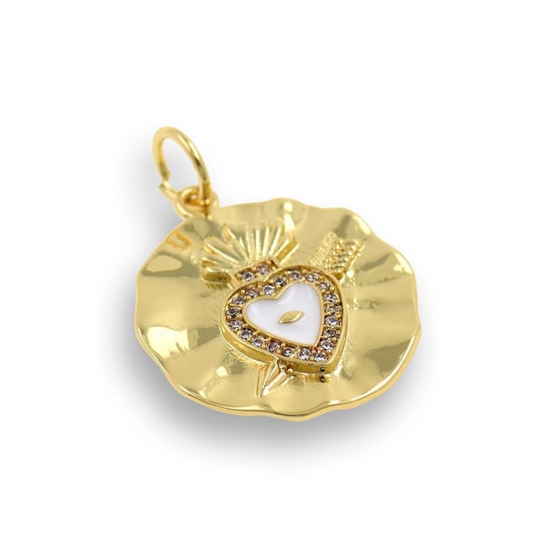 Sacred Heart Pendant,18K Gold Filled Round Enamel Pendant,Heart Arrow Pendant,Micropavé CZ Heart Arrow Necklace,DIY Jewelry Supplies,19x22mm