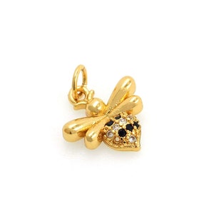 18K Gold Filled Bee Pendant, Bee Charm, Micropavé CZ Bee Necklace, Flying Charm, Insect Jewelry, DIY Jewelry Supplies, 13x16.5x3mm