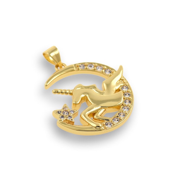 18K Gold Filled Pegasus Pendant, Micropavé CZ Pegasus Necklace, Crescent Charm, Moon Pendant, DIY Jewelry Supplies, 25x27mm