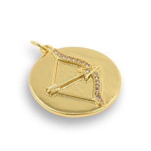 Micropavé CZ Round Bow and Arrow Pendant, Archery Charm, Cupid&#39;s Arrow Pendant, 18K Gold Filled Archery Necklace, Sports Pendant, 22x24mm