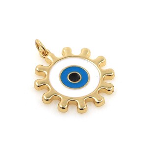 18K Gold Filled Enamel Evil Eye Pendant, Gear Necklace, Evil Eye Charm, Lucky Charm, DIY Jewelry Supplies, 28x22x2mm