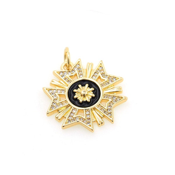 18K Gold Filled Enamel Medallion Pendant, Micropavé CZ Maltese Cross Charm, Maltese Cross Jewelry, DIY Jewelry Supplies, 27x23x2.5mm