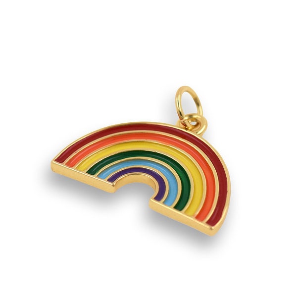 18K Gold Filled Rainbow Pendant, Rainbow Charm, Enamel Rainbow Necklace, Weather Charm, Colorful Pendant, DIY Jewelry Supplies, 17x20x1.5mm