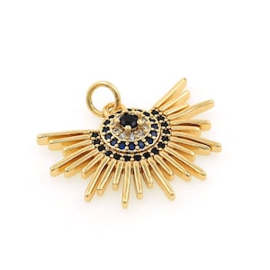 Dainty Sun Rays Evil Eye Charm, 18K Gold Filled Hamsa Eye Pendant, Sunrise Pendant, Sun Necklace, DIY Jewelry Supplies, 22x25x4.5mm