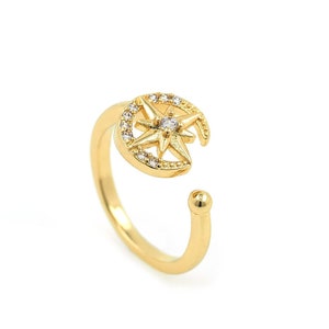 18K Gold filled Verstellbarer Nordstern Ring, Mond Ring, Micropavé CZ Stern Ring, Paar Ring, Feiner Schmuck