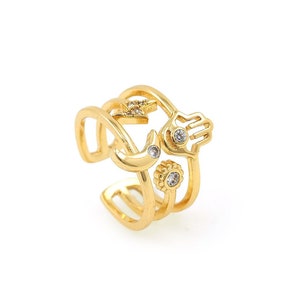 Micropavé CZ Adjustable Ring, Hassam/Moon/Lightning/Sun Element Ring, 18K Gold Filled Statement Ring for Men's Women's Jewelry