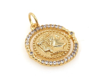 18K Gold Filled Round Necklace, Coin Pendant, Micropavé CZ Portrait Pendant, DIY Jewelry Supplies, 21x16x2mm