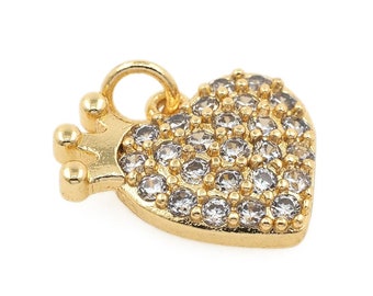 Crown Heart Charm, 18K Gold Filled Crown Heart Pendant,Micropaved Zircon Gold Heart Jewelry,For Jewelry Making