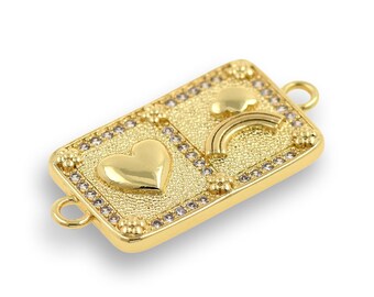Micropavé CZ Rectangular Connector, Heart Connector, Rainbow Connector, Weather Charm, Jewelry Accessories, DIY Jewelry Supplies, 32x15mm