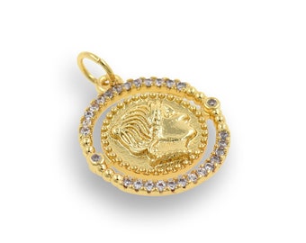 Portrait Coin Pendant, 18K Gold Filled Woman Head Pendant, Micropavé CZ Coin Necklace, Portrait Jewelry, DIY Jewelry Supplies, 15.6x17.7mm