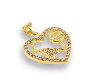 Colgante de carta de corazón lleno de oro de 18 quilates, collar de corazón de melocotón Micropavé CZ, amuleto de letras, colgante de amor, suministros de joyería de bricolaje, 19x19mm