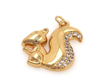 18K Gold Stuffed Squirrel Pendant,Micropavé CZ Cute Squirrel Necklace,Squirrel Jewelry,Animal Pendant,DIY Jewelry Supplies,21.6x17.3x2.7mm