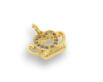 Micropavé CZ Heart Crown Pendant, Mini Heart Pendant, 18K Gold Filled Queen Crown Necklace, Crown Jewelry, DIY Jewelry Supplies, 11x9mm