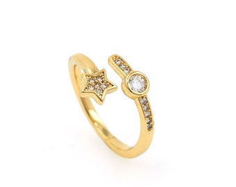 18K Gold Filled Star Ring, Open Ring, Micropavé CZ Star Charm, Star Adjustable Ring