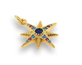 North Star Pendant, 18K Gold Filled North Star Necklace, Micropavé CZ Star Pendant, Starburst Charm, DIY Jewelry Supplies, 20x23mm