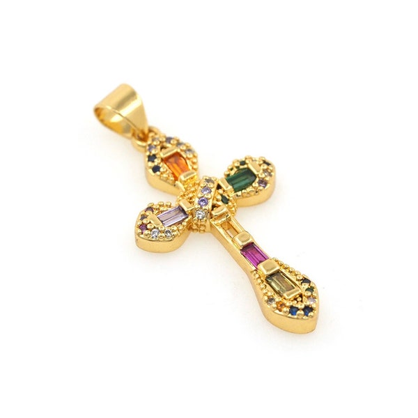 Fashion Luxury Colorful Zircon Cross Pendant,Religious Necklace Charm,Christian Jewelry,18K Gold Plated Pendant,DIY Jewelry Supplies