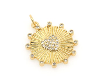 Micropavé CZ Round Pendant, Round Heart Jewelry, 18K Gold Filled Heart Necklace, Love Charm, DIY Jewelry Supplies, 25x20x2mm