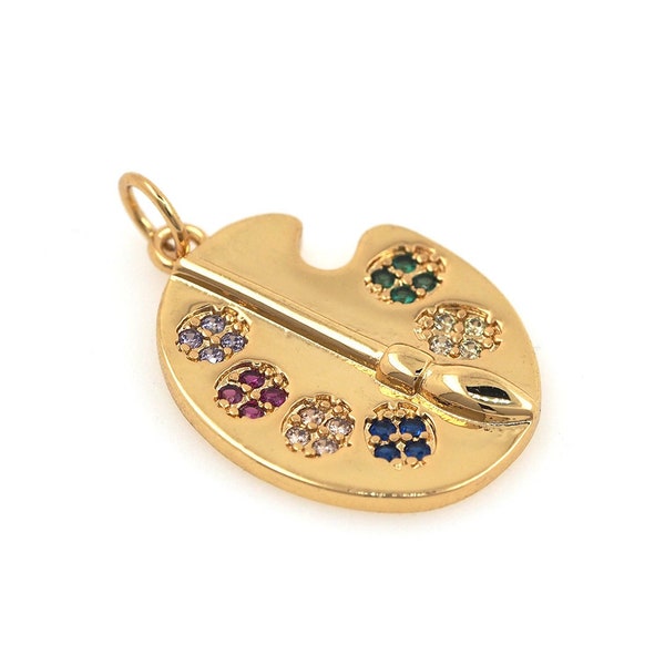 18K Gold Filled Palette Pendant, Micropavé CZ Pigment Palette Necklace, Brush Charm, Painter Necklace, DIY Jewelry Supplies, 25x16x3mm