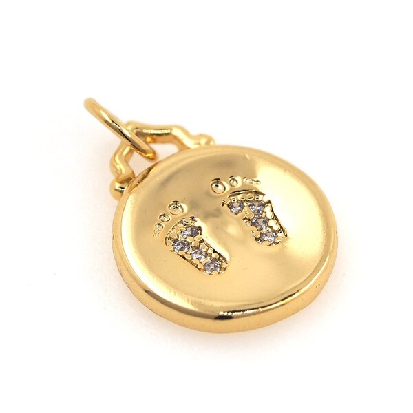 18K Gold Filled Round Footprint Pendant, Micropavé CZ Baby Footprint Necklace, Gift for Mother, DIY Jewelry Supplies, 18.5x12x1.7mm