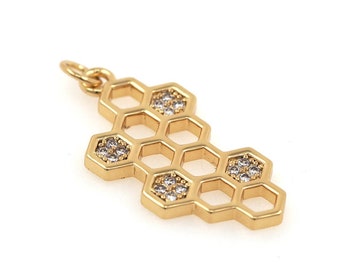 Colgante de nido de abeja relleno de oro de 18 quilates, collar de nido de abeja de oro Micropavé CZ, joyería de nido de abeja, suministros de joyería de bricolaje, 25.2x11.3x1.4mm