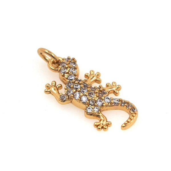 18K Gold Filled Gecko Pendant, Micropavé CZ Gecko Necklace, Lizard Pendant, Animal Charm, DIY Jewelry Supplies, 19x8x2.5mm