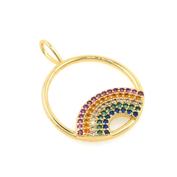 Round Pendant, Rainbow Bridge Charm,Micropavé CZ Round Jewelry,18K Gold Filled Rainbow Necklace,For Jewelry Making