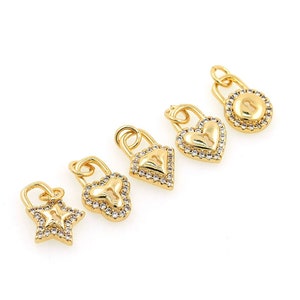 18KGold Filled Heart Lock Pendant,Micropavé CZ Clover Lock/Diamond Lock/Heart Lock Pendant,Star Lock Pendant,DIY Jewelry Supplies,14x8x2.5mm