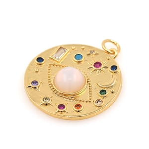 Round Eye Pendant, 18K Gold Filled Opal Eye Pendant, Micropavé CZ Evil Eye Necklace, Eye Pendant, DIY Jewelry Supplies, 30x24x4.7mm