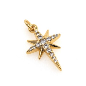 North Star Pendant, 18K Gold Filled North Star Necklace, Micropavé CZ Star Pendant, Starburst Charm, DIY Jewelry Supplies, 21x12x2.5mm
