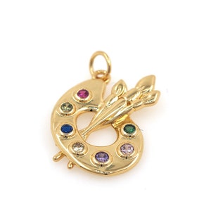 18K Gold Filled Palette Pendant, Micropavé CZ Pigment Palette Necklace, Brush Charm, Painter Necklace, DIY Jewelry Supplies, 25.5x19x2.5mm